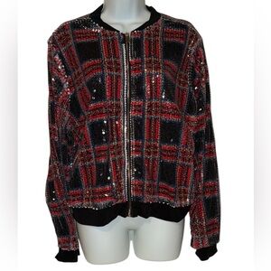 Ashley Stewart Red and Black Sequin Bomber Jacket